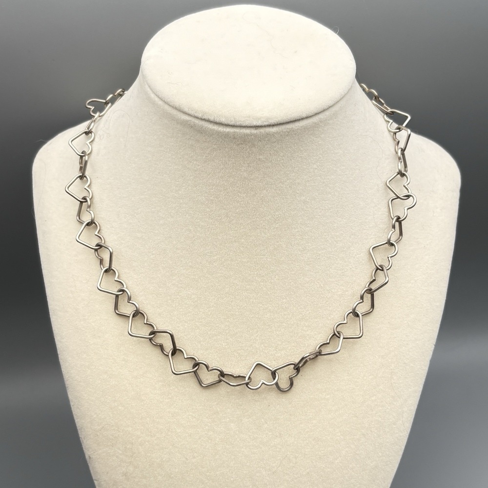 Sterling Silver Heart Link Necklace Handmade 16" Minimalist 925